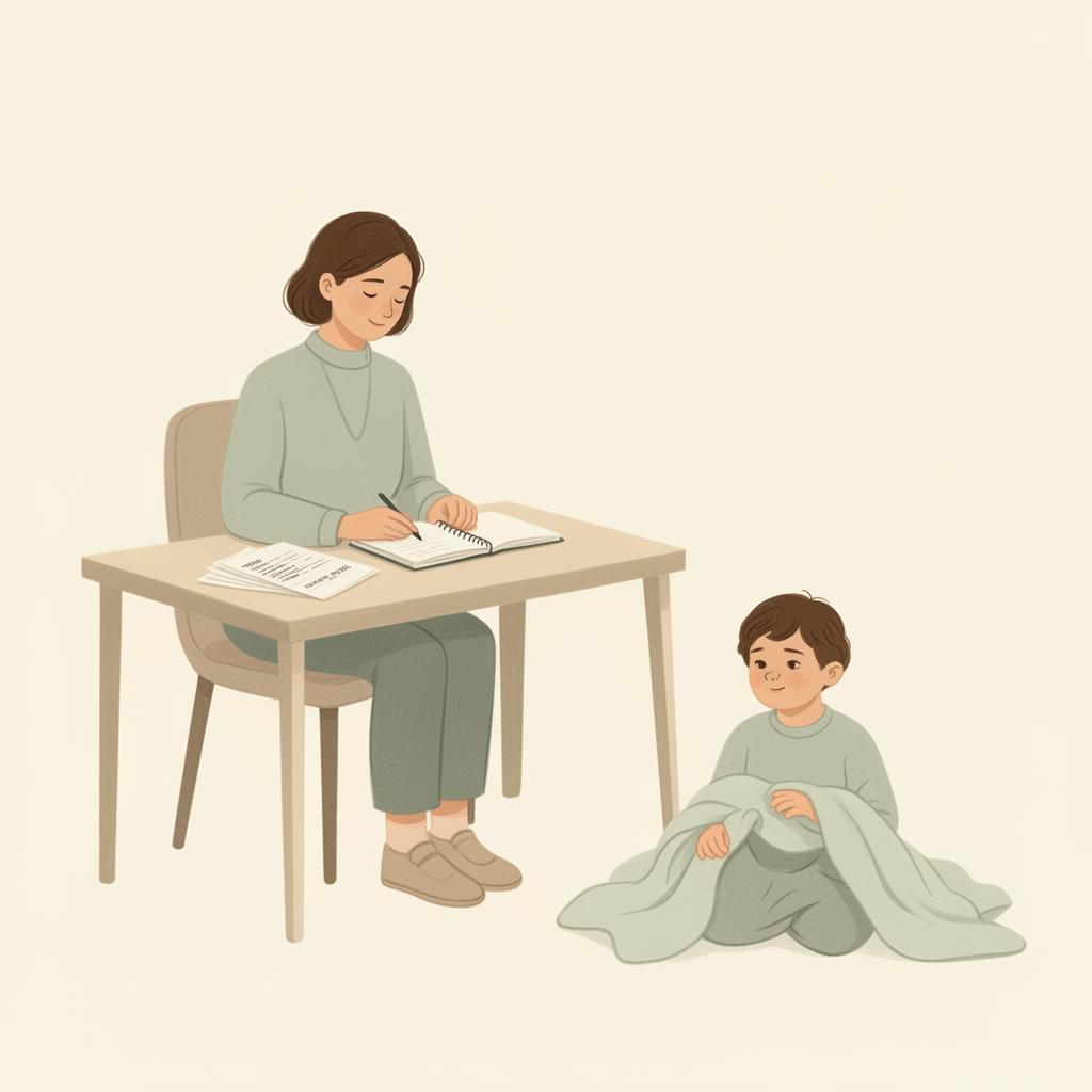 A calm parent organizing care information beside their child